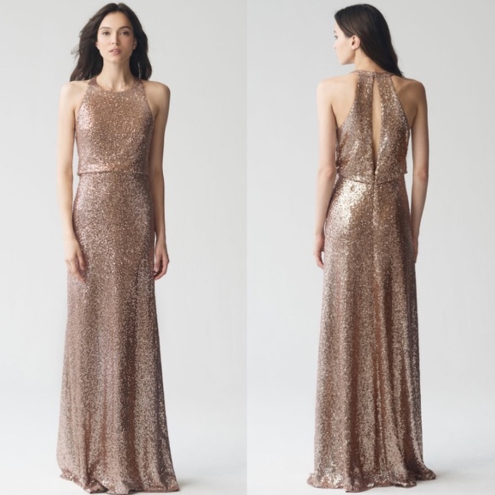 Jenny Yoo Sloane Rose Gold Sequin Halter Gown